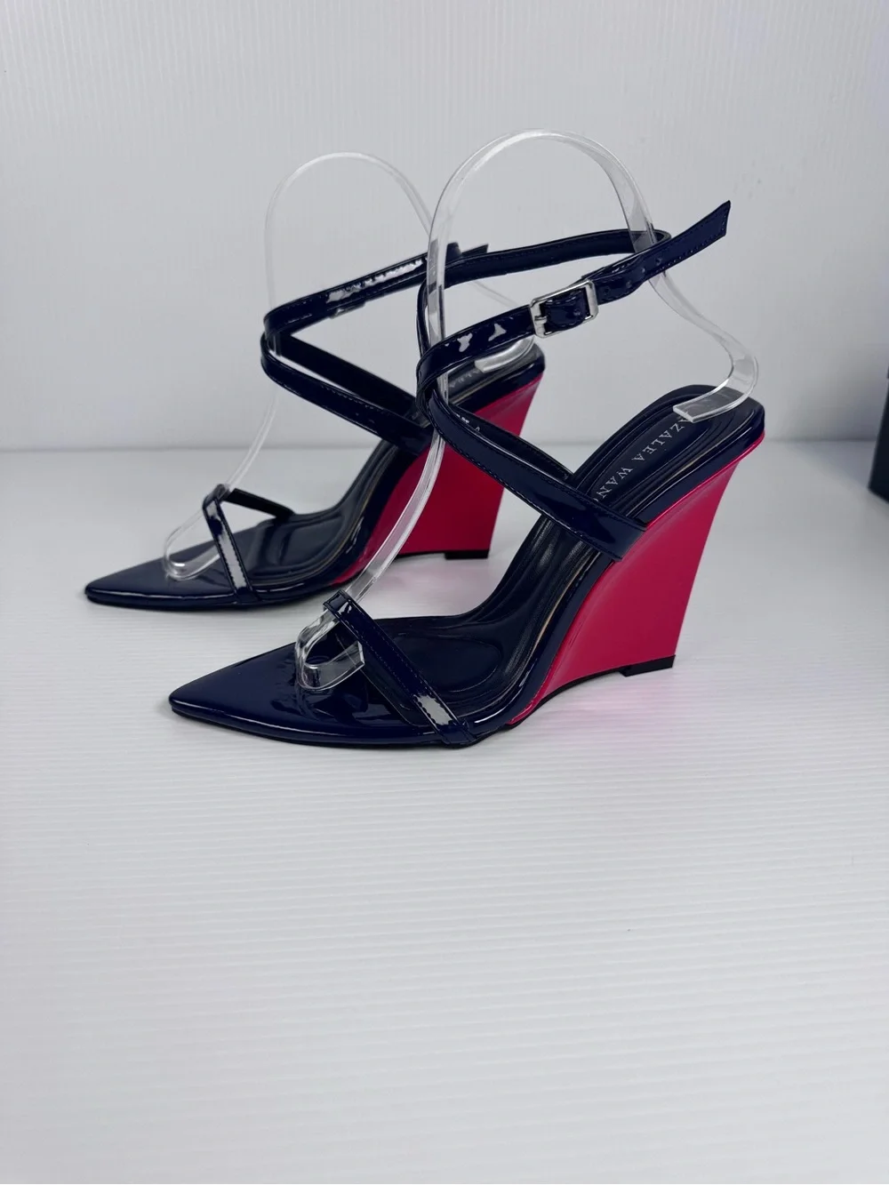 Azalea Wang Seung Navy Multi Patent Wedge Heels | Strappy Pointed Toe Sz 6 - 7.5